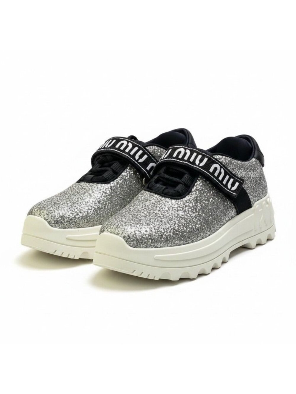 Miu Miu Logo Tape Glitter Sneakers Silver Platform Shoes